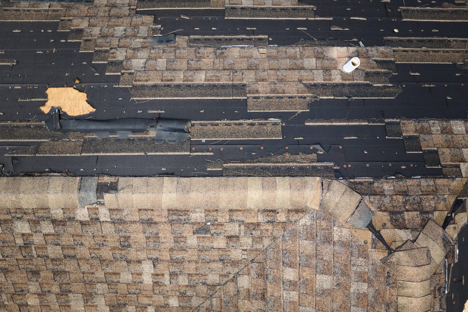 Wind damaged house roof with missing asphalt shingles after hurricane Ian in Florida. Repair of home rooftop concept.